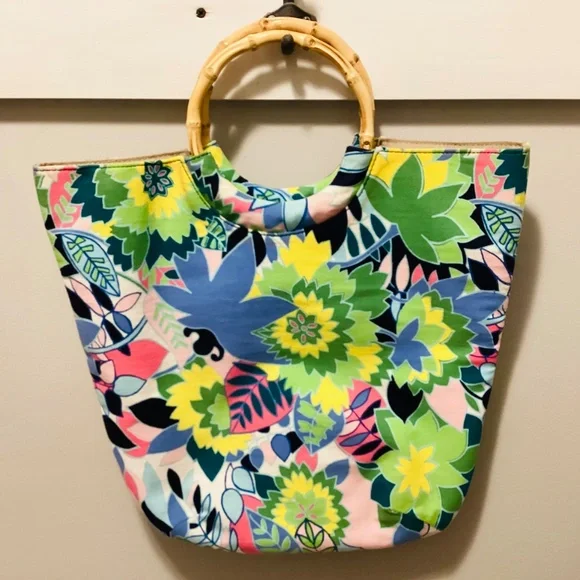 Vintage Talbots Floral Bamboo Top Handle Bag, Talbots Floral Bag, Summer Bag - Picture 2 of 7